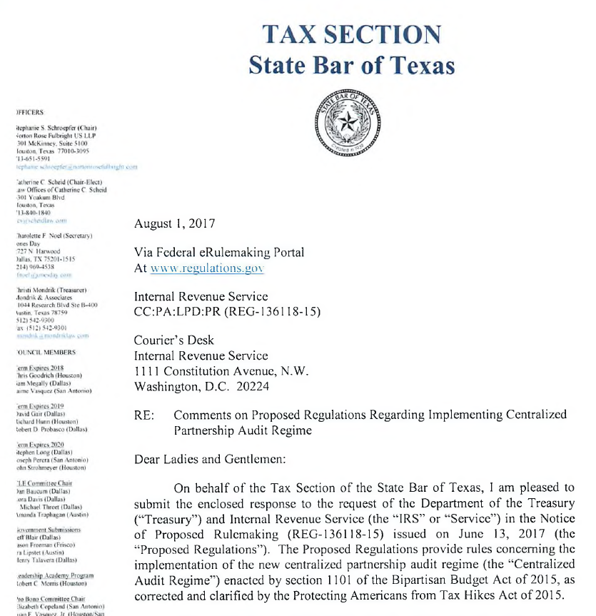 Texas State Bar Comments on Proposed Partnership Audit Regime Regulations